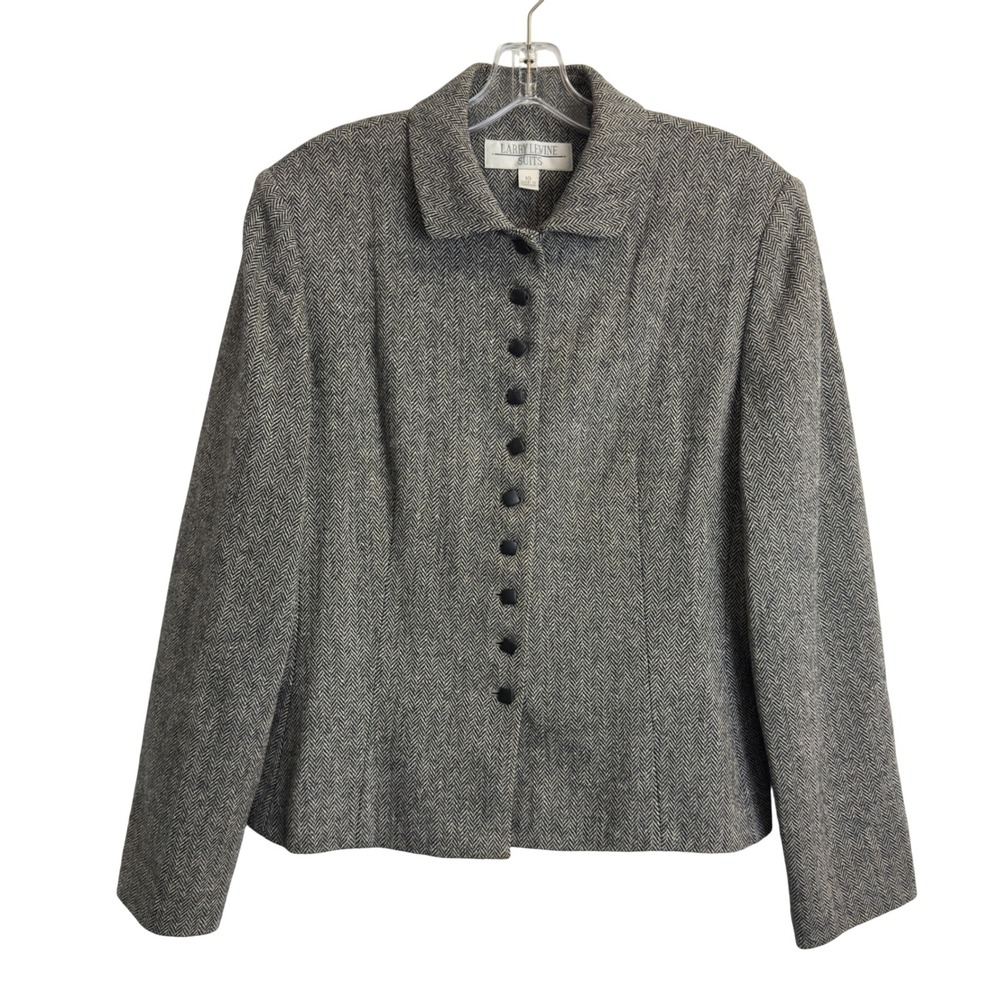 Larry Levine Suits Grey Herringbone Wool Blend Button Up Blazer Jacket Womens 10